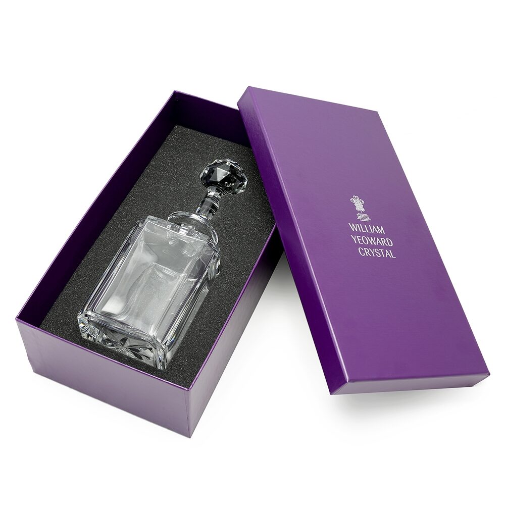 William Yeoward Helen Square Decanter Gift Boxed, handmade crystal, on a white background