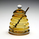 William Yeoward Honeycomb Honey Jar & Spoon in Amber, handmade crystal, detail view