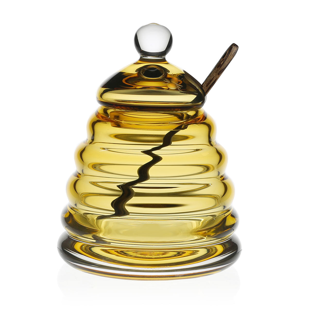 William Yeoward Honeycomb Honey Jar & Spoon in Amber, handmade crystal, on a white background
