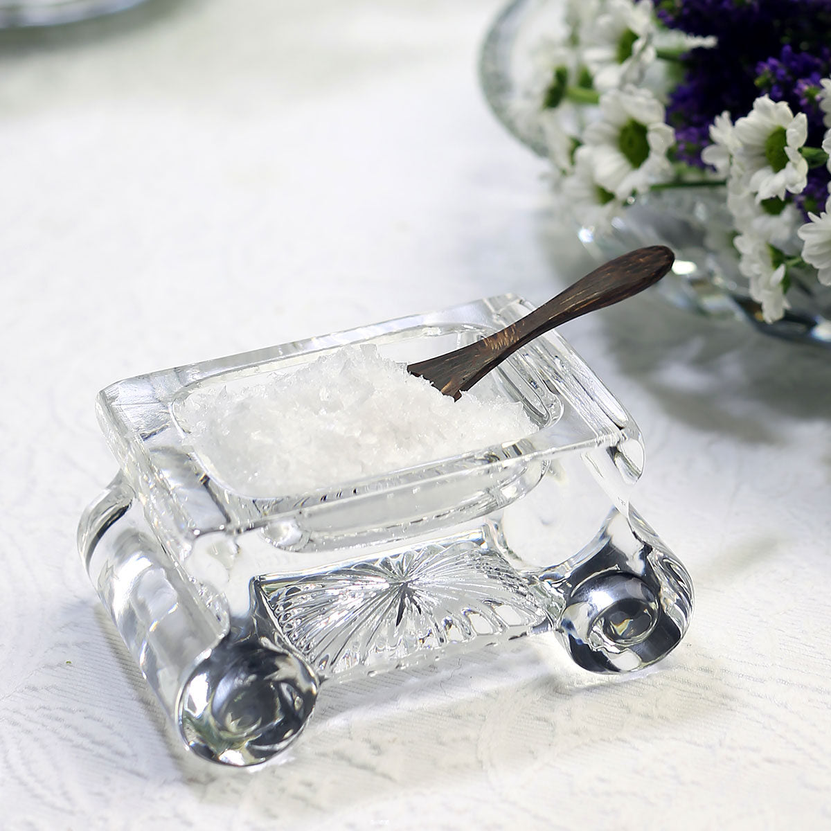William Yeoward June Salt Dish with Spoon, handmade crystal, detail view