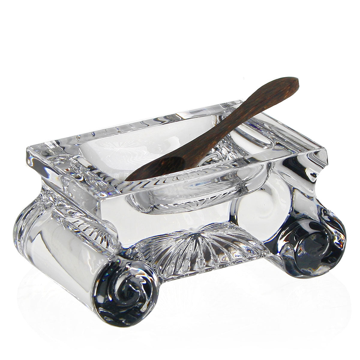 William Yeoward June Salt Dish with Spoon, handmade crystal, on a white background