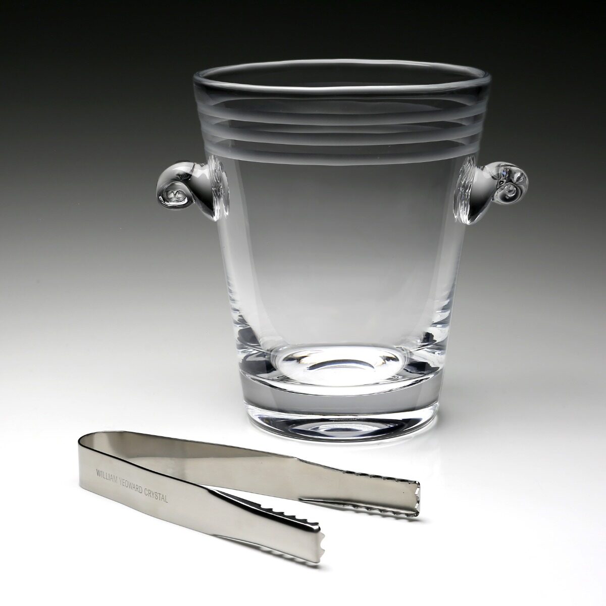 William Yeoward Madison Ice Bucket with Tongs, handmade crystal, on a white background