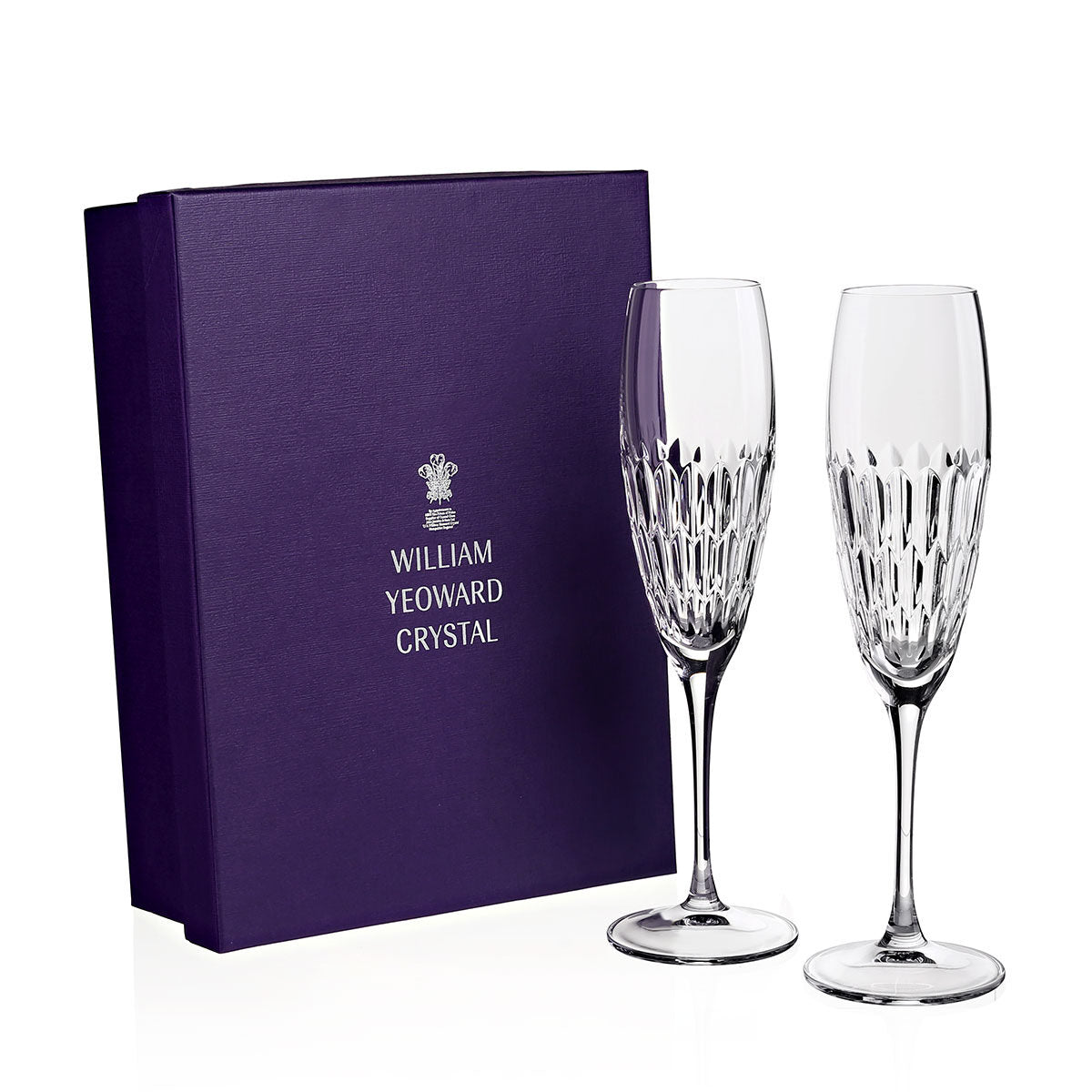 William Yeoward Merle Gift Boxed Pair Champagne Flutes, handmade crystal, on a white background