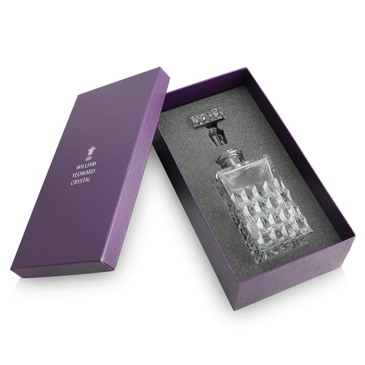William Yeoward Merle Square Decanter Gift Boxed, handmade crystal, on a white background