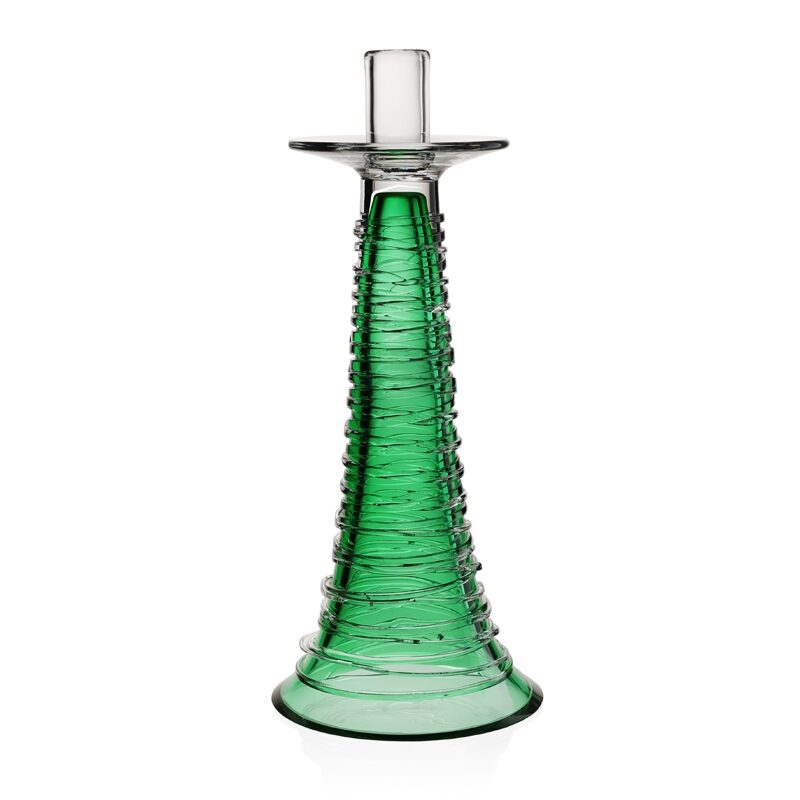 William Yeoward Miranda Candlestick Seaglass Green in Green, handmade crystal, on a white background