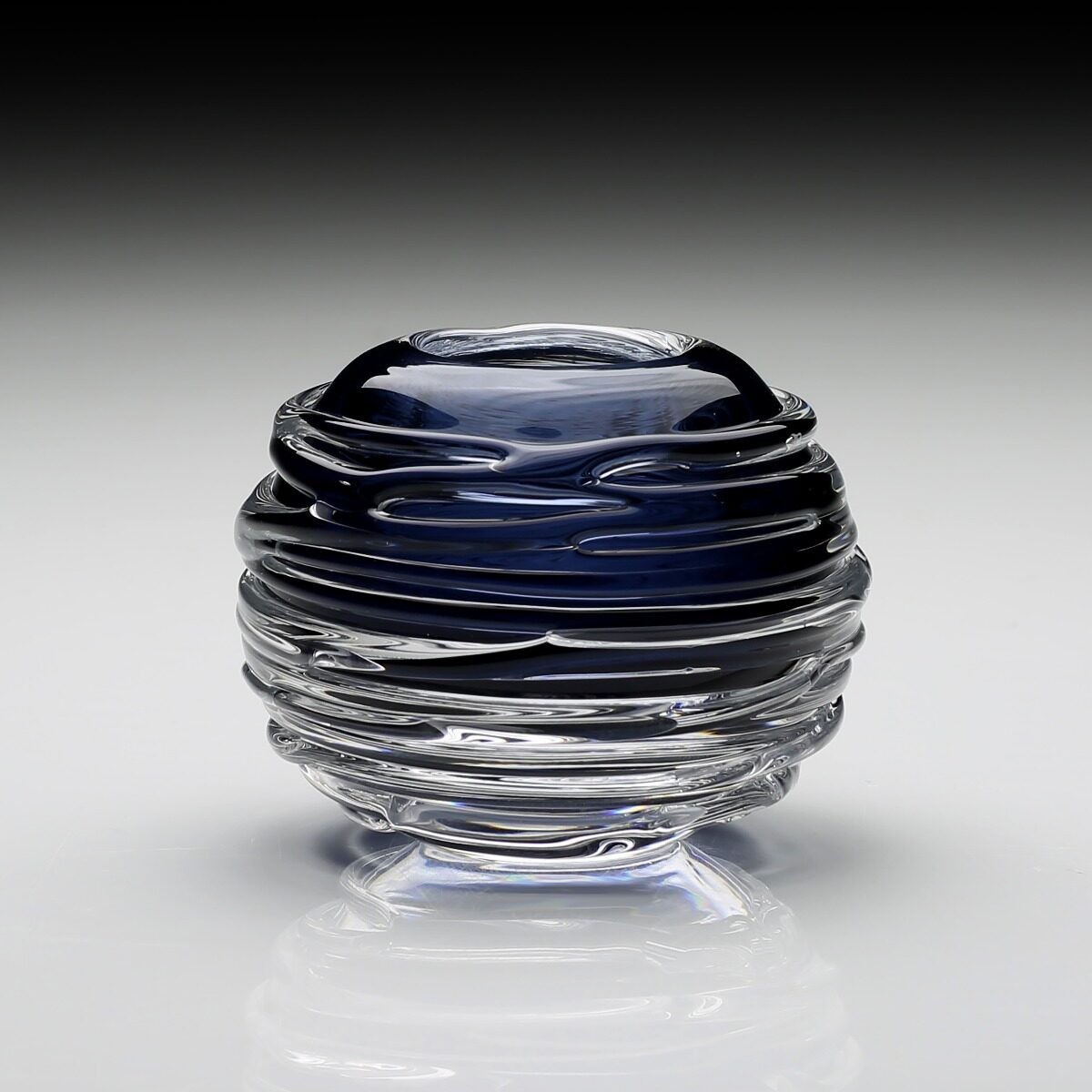 William Yeoward Miranda Mini Globe Vase Steel Blue 3" / 7.5cm in Steel Blue, handmade crystal, detail view