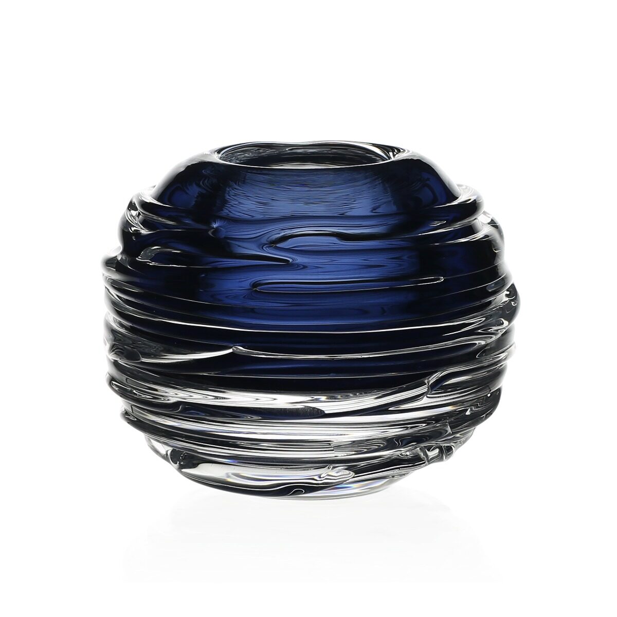 William Yeoward Miranda Mini Globe Vase Steel Blue 3" / 7.5cm in Steel Blue, handmade crystal, on a white background