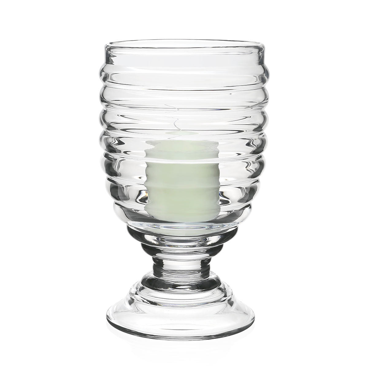 William Yeoward Ripples Footed Hurricane 11½" / 28.5cm with Candle, handmade crystal, on a white background