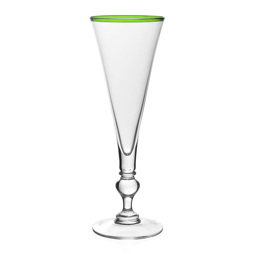 William Yeoward Siena Champagne Flute Green in Green, handmade crystal, on a white background