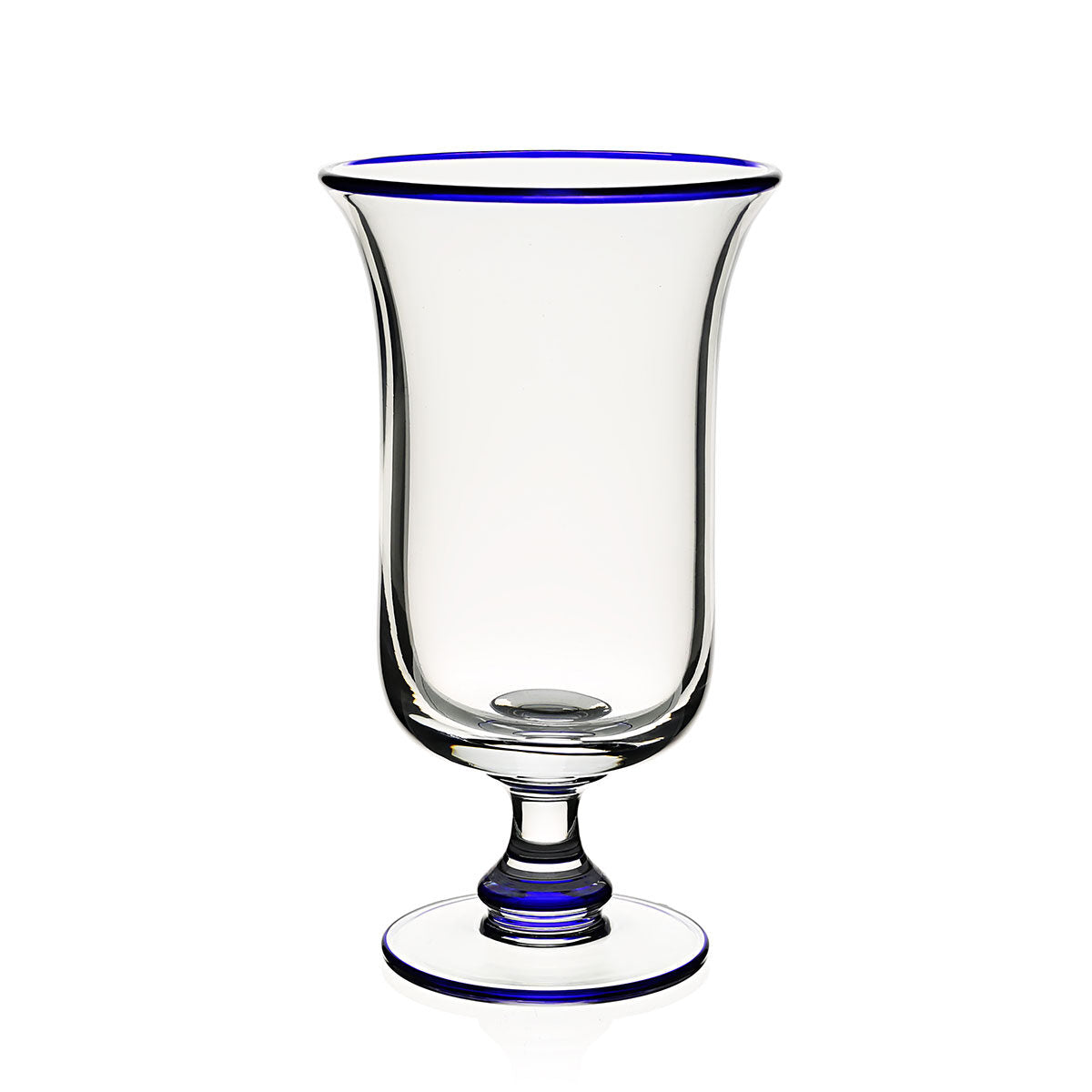 William Yeoward Siena Blue Footed Flower Vase in Blue, handmade crystal, on a white background