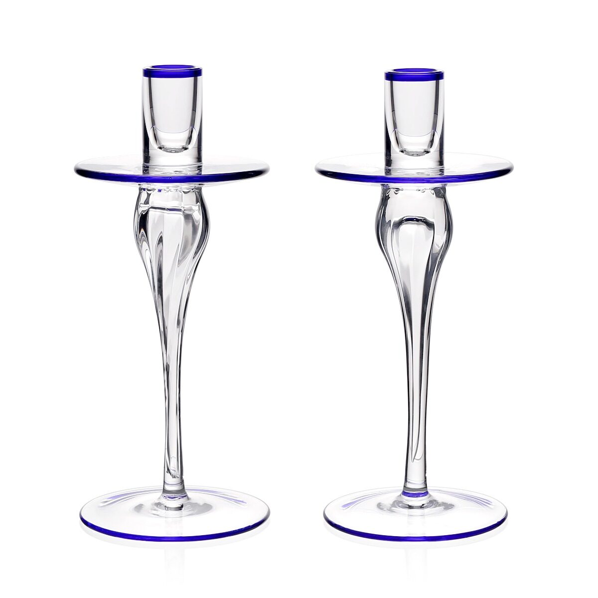 William Yeoward Siena Pair of Candlesticks Blue, handmade crystal, on a white background