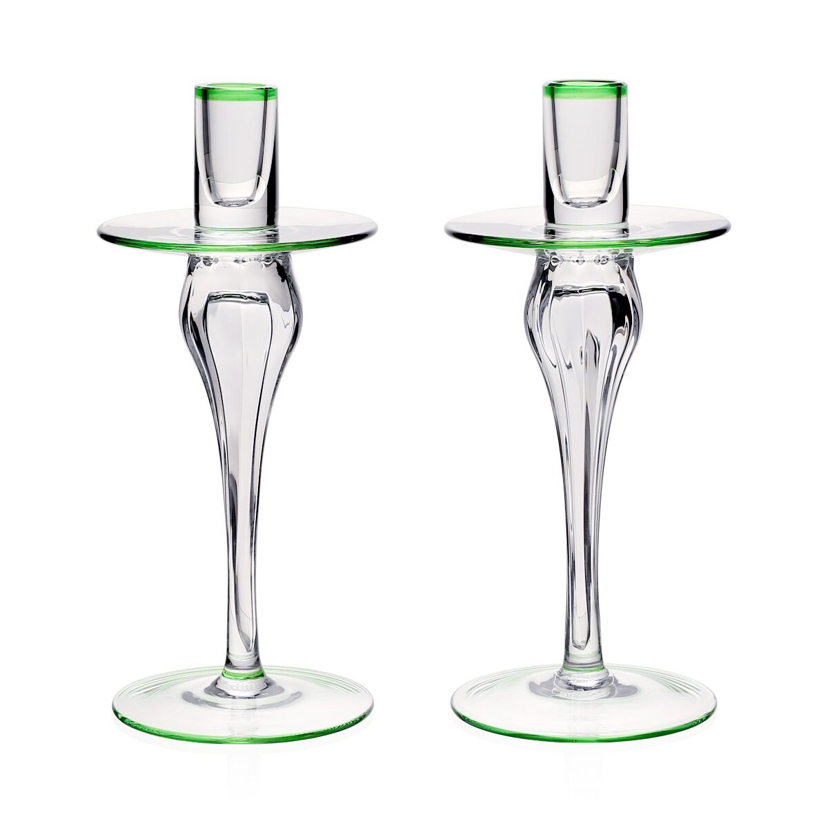 William Yeoward Siena Pair of Candlesticks Green, handmade crystal, on a white background