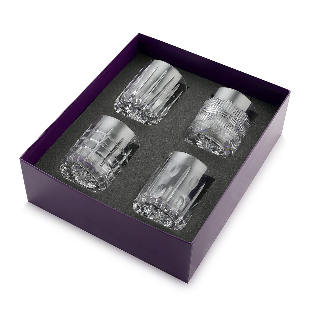 William Yeoward Skye Gift Set of 4 Whisky Tumblers, handmade crystal, on a white background