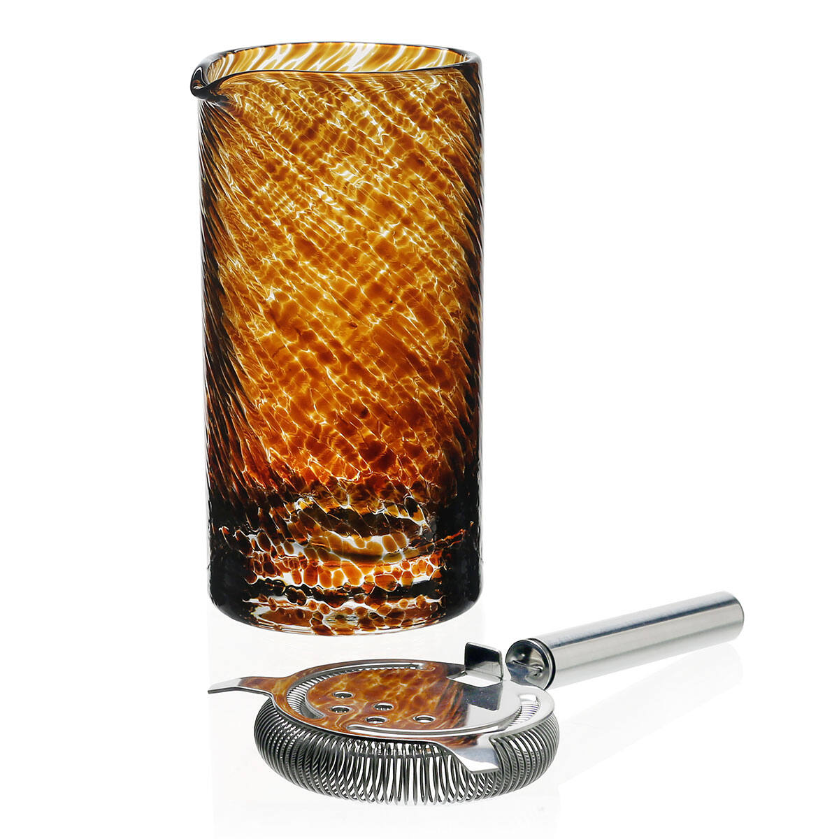 William Yeoward Vanessa Mixing Glass & Strainer Tortoise, handmade crystal, on a white background